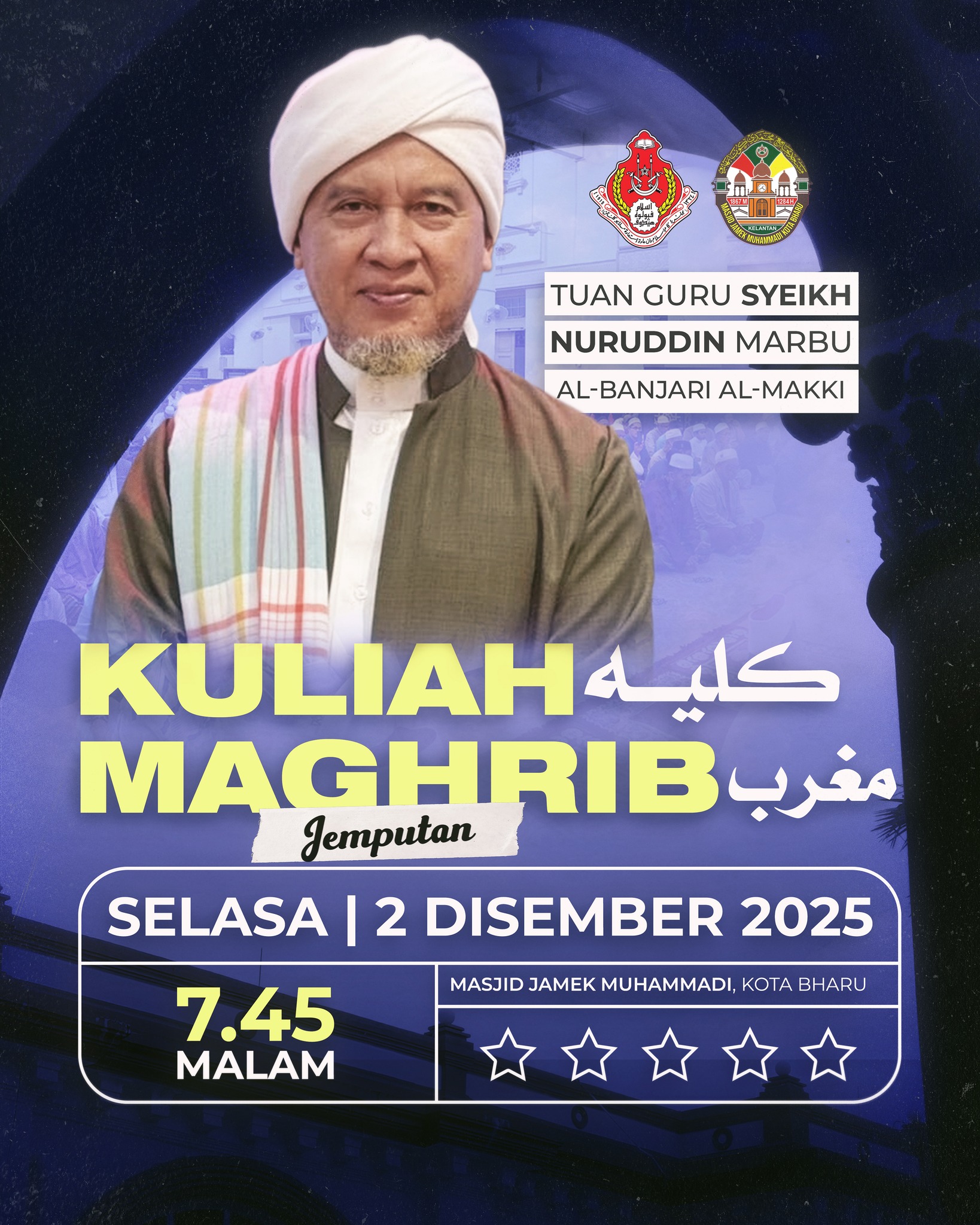 Kuliah Maghrib Jemputan oleh Al-Fadhil Tuan Guru Syeikh Nuruddin Marbu Al-Banjari Al- Makki di Masjid Jamek Muhammadi Kota Bharu